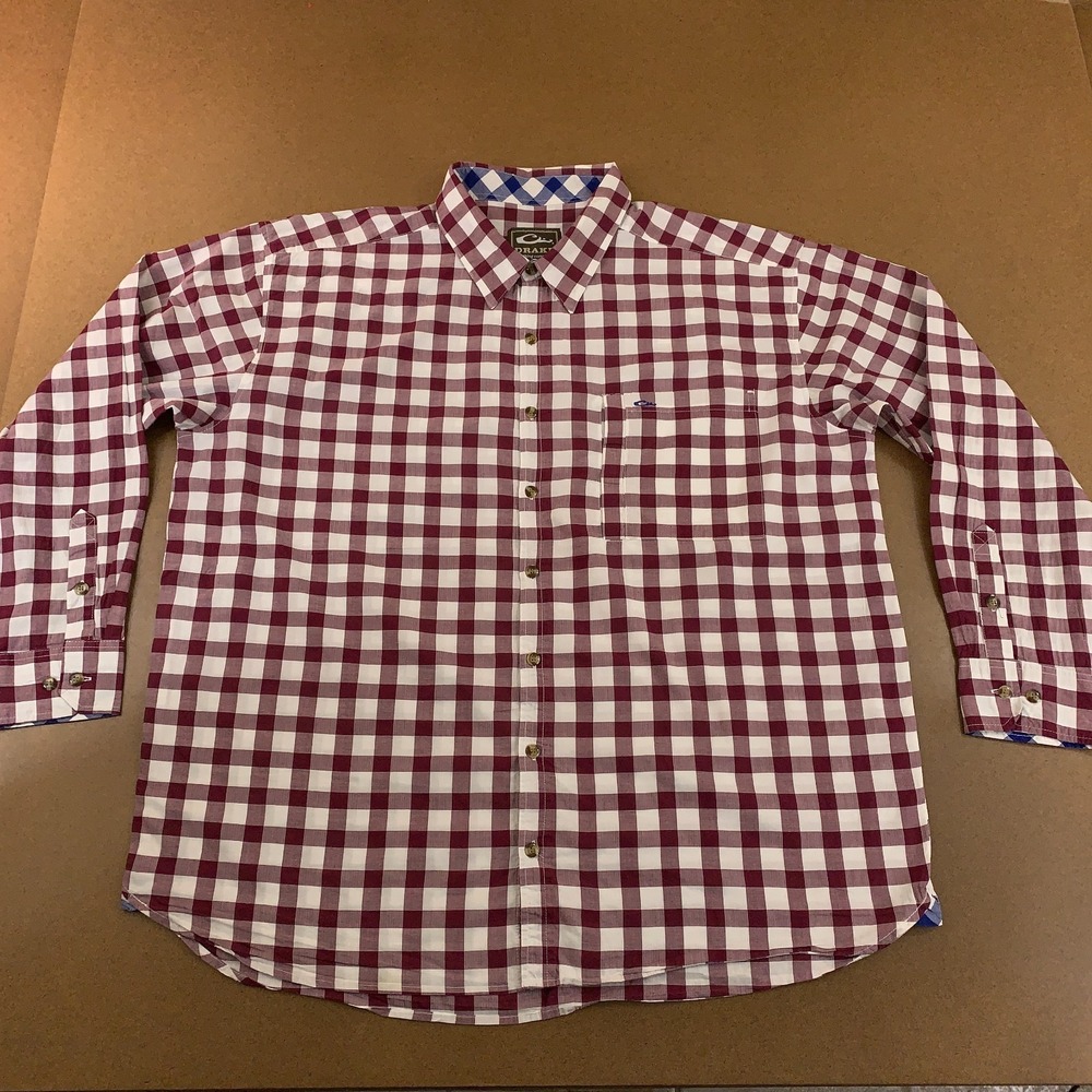 Drake Mens 2X Red White Gingham Check Classic Long Sleeve Button Up Shirt